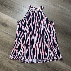 Michael Kors Womens Sleeveless High Neck Blouse Size Large Pink Navy Ikat Print